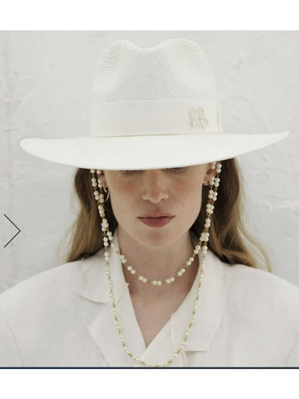 Ruslan Baginskiy Beige Straw Fedora Hat Double Pearl Chain Accent New